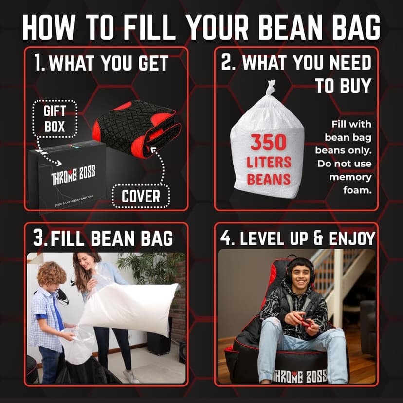 Throne Boss Gaming Bean Bag Chair Cover for Adults with High Back, Red – Large Floor Gaming Chair Cover, Easy to Clean Fabric, Large Pockets, Headphone Hanger, Requires 350 Liters Polystyrene Beans