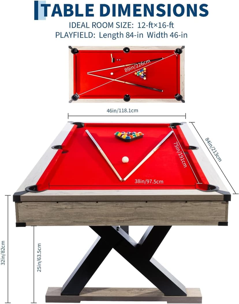 7 FT Pool Table, Complete Set with 2 Cues, 16 Balls, 2 Chalks, Triangle, Brush, K-Leg Construction, Adult Billiard Table for Home, Professional Black Cloth, Rustic Grey Finish, 84 L x 46 W x 32 H Inch