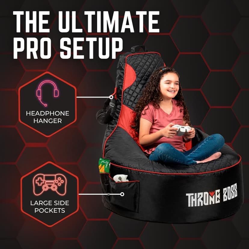 Throne Boss Gaming Bean Bag Chair Cover for Adults with High Back, Red – Large Floor Gaming Chair Cover, Easy to Clean Fabric, Large Pockets, Headphone Hanger, Requires 350 Liters Polystyrene Beans