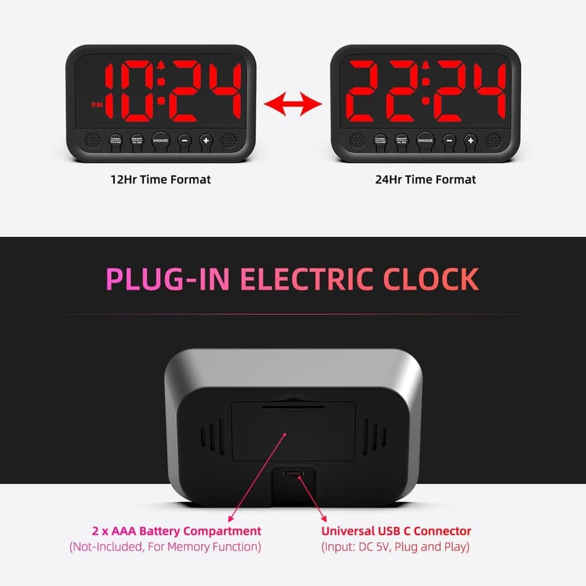 Small LED Digital Clock for Bedroom, Loud Alarm Clock for Heavy Sleepers Adults, Teens | Plug-In Electric Desk Clock | Simple Bedside Nightstand Clock with Adjustable Volume/Brightness/Snooze – Red