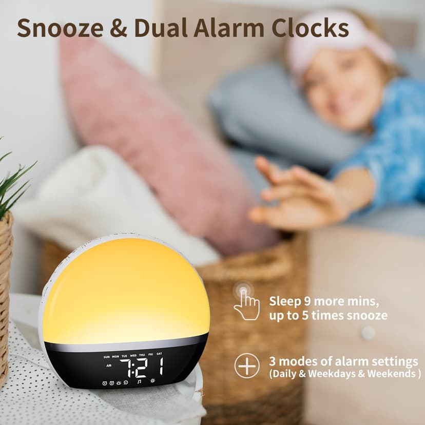 SoundLegend FM Radio Sunrise Alarm Clock Sound Machine Wake-Up Light Sunrise Sunset Simulation Adjustable Volume Brightness Sleep Aid 13 Colors 23 Sounds 28 Tunes Snooze Dual Alarm 4 Timers