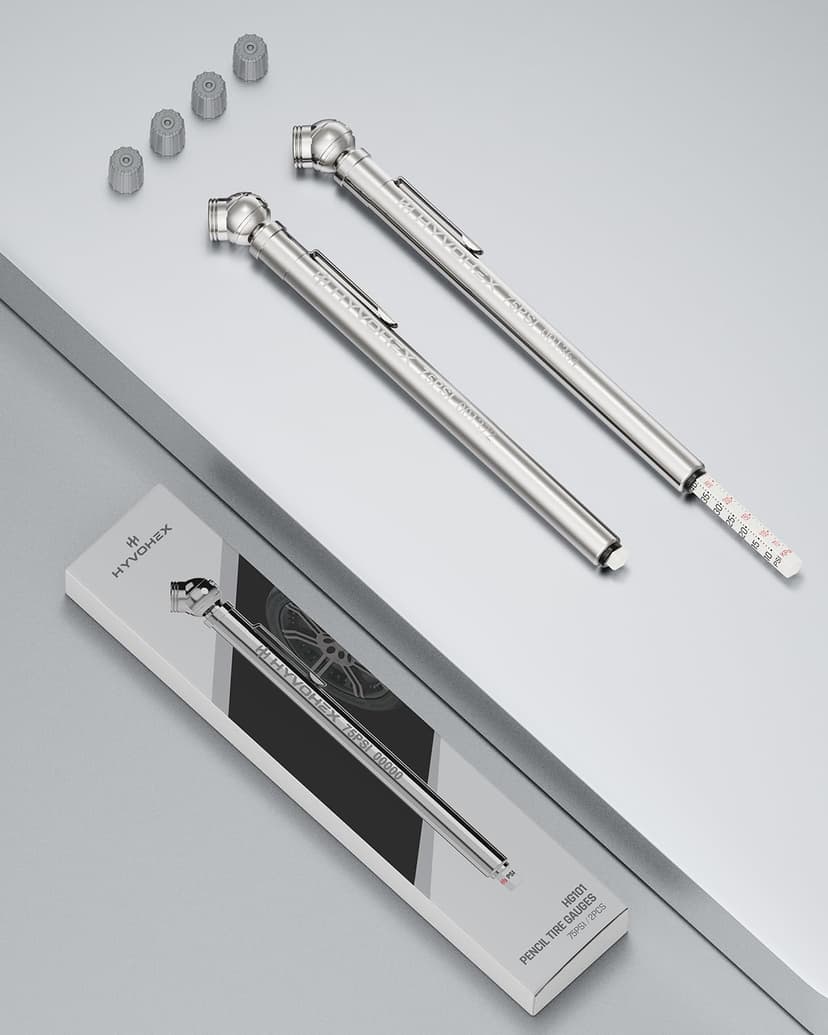 Pencil Tire Pressure Gauge 2 Pack with Valve Caps, Stainless Steel Body Tire Gauges for Tire Pressure with Deflator Valve, Metal Nozzle Tire Gauge for Cars, Pickups, RVs, Bicycles