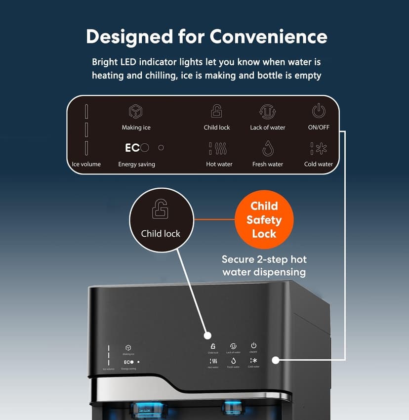 Self Cleaning Hot and Cold Bottom Load Water Cooler Dispenser with Ice Maker 5 Gal Built-in Bullet Ice Maker 22lbs Daily Capacity Black