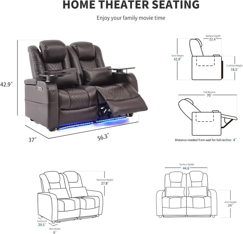 Airadlis Home Theater Seating Seats Dual Power Movie Theater Chairs Theater Recliner Sofa with 7 Colors Ambient Lighting, Lumbar Pillow, Side Pocket, Tray Table,Type-C USB Charge