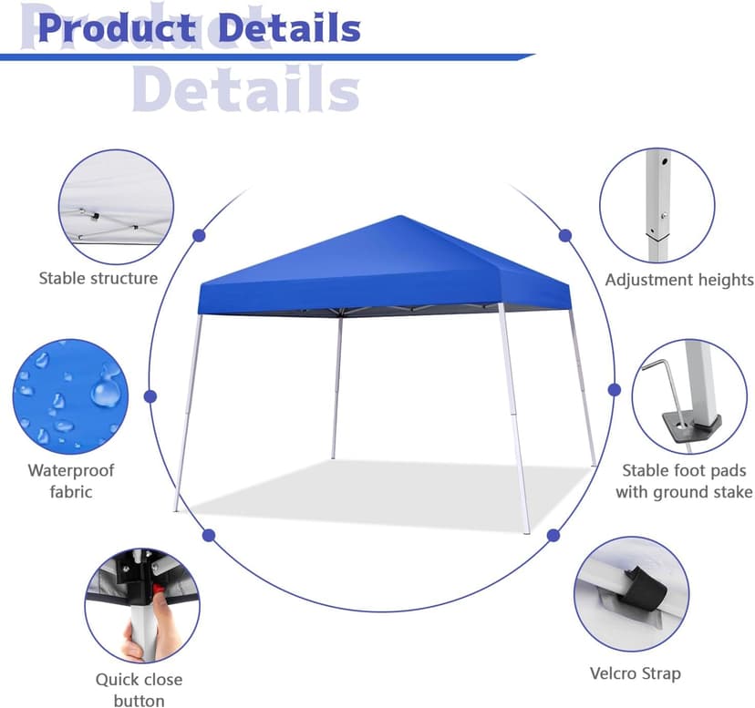 Oneofics Canopy Tent, 10X10 FT Pop Up Canopy Outdoor Instant Tent Slant Legs with Carrying Bag, Portable Gazebo Shelter for Patio Deck Garden and Beach - 8X8 FT Canopy Cover, Blue