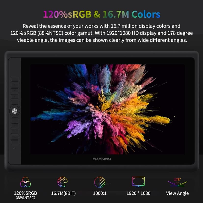 GAOMON PD156Pro - 15.6" Drawing Tablet with Screen Full-Laminated 120% sRGB Pen Display with Dial Key & 10 Hotkeys, Battery-Free Stylus Art Tablet for Digital Drawing, Anime, Sketch, Graphic Design