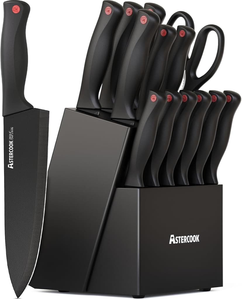 Stainless Steel Kitchen Utensils Set Dishwasher Safe Astercook Knife Set for Kitchen with Block and Sharpener 15pcs German B0C1YBPJ43