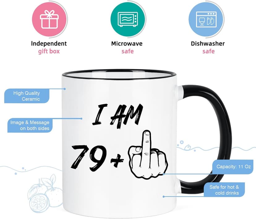 YHRJWN 80th Birthday Gifts for Women Men, I Am 79 Plus Middle Finger Coffee Mug, 80th Birthday Gifts Ideas for Best Friends, Grandma, Grandpa, Best 80 Year Old Gifts for Her Him, Novelty Cup, 11 Oz