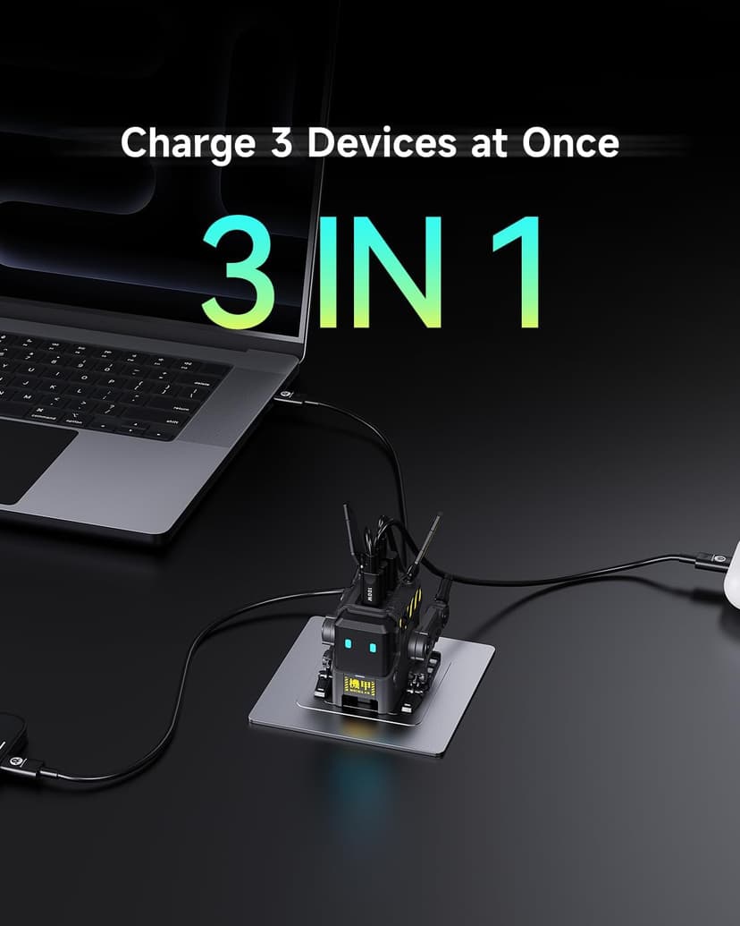 GravaStar 65W Alpha65 Robot Fast GaN Charger Block, 3-Port Fast Charger, Foldable Wall USB C Charger for iPhone, MacBook, iPad, Laptop, Steam Deck, Gifts for Men (65W, Gray)