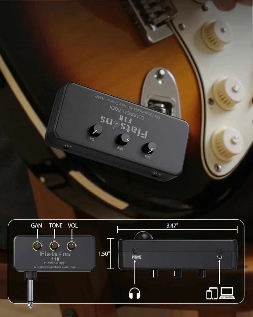 Flatsons F1R Mini Guitar Headphone Amp, Distortion Timbre Electric Guitar Headphone Amplifier with 3.5mm Earbud/AUX Jack, Classic Rock Tone Portable Amp for Silent Practice Indoor Travel Night