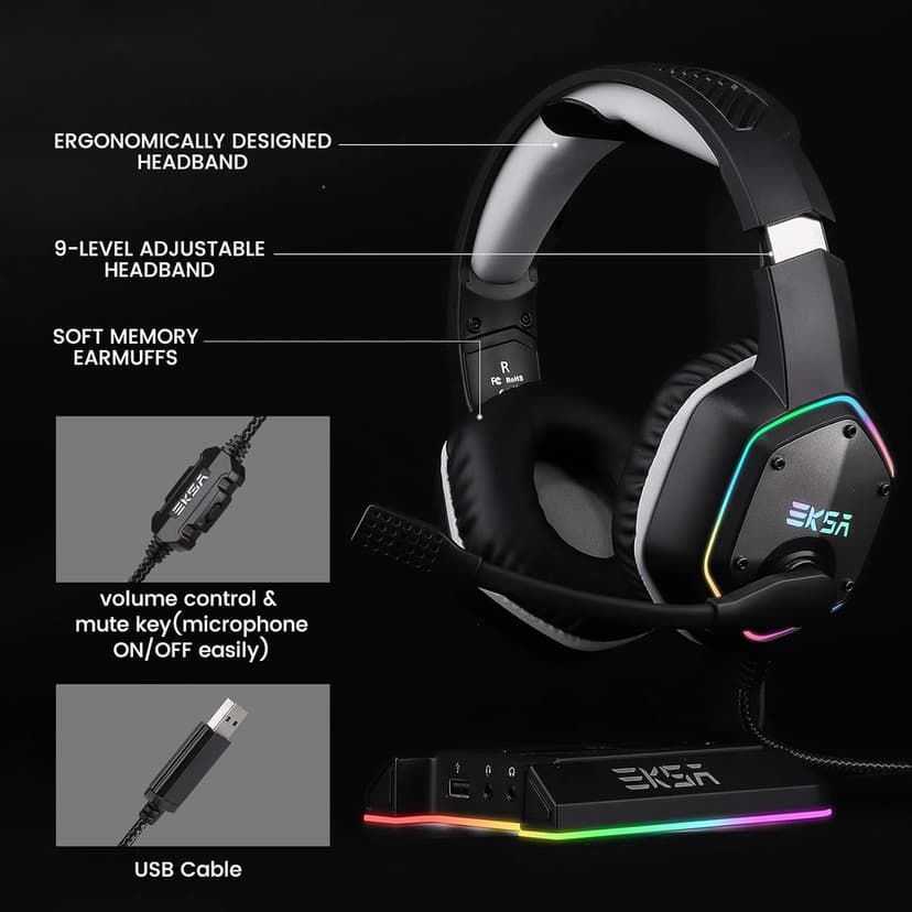 EKSA E1000 USB Gaming Headset for PC, Computer Headphones with Microphone/Mic Noise Cancelling, 7.1 Surround Sound, RGB Light - Wired Headphones for PS4, PS5 Console, Laptop, Call Center