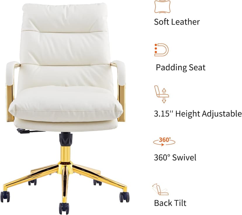 Leather Home Office Desk Chair, Executive Comfy Desk Chair with Support Armrests, Swivel Wheels, Height Adjustable, Mid Back, 360 Swivel, Computer Chair for Office Room, White