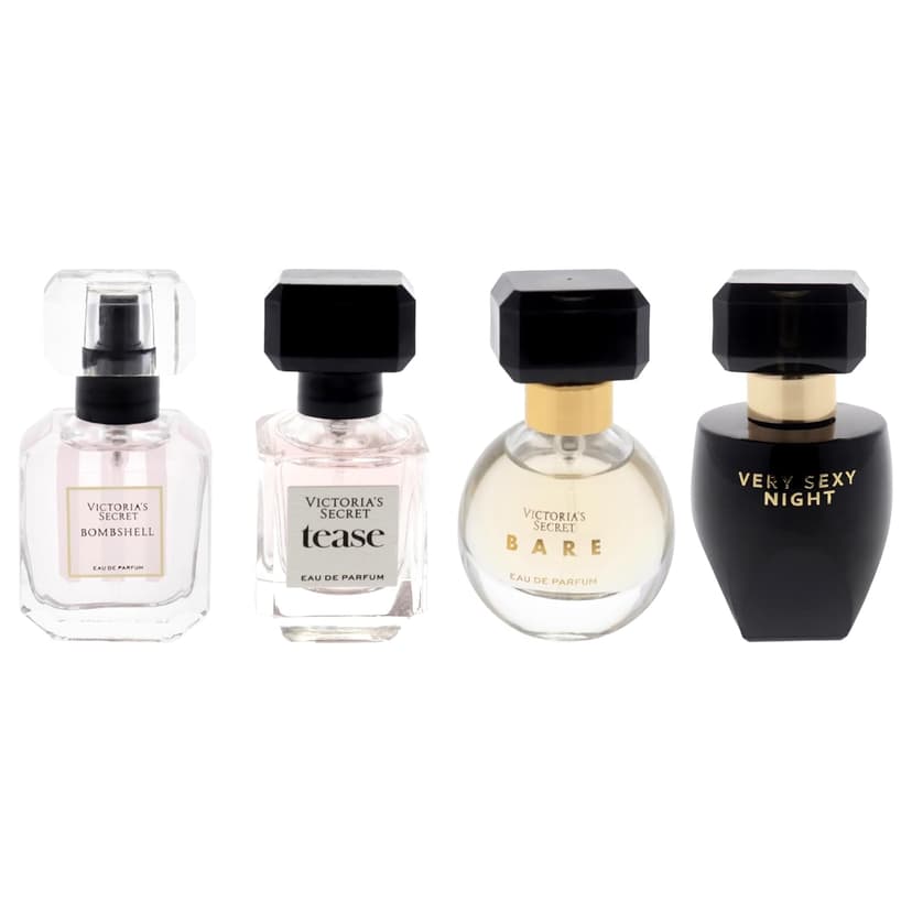 Victoria's Secret Fragrance Discovery Set for Women - 4 Pc Mini Gift Set with Bombshell, Tease, Bare, and Very Sexy Night EDP Sprays (0.25oz Each)