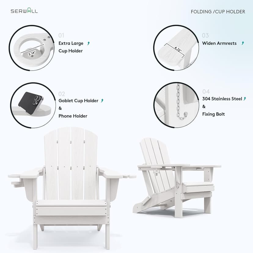 SERWALL Adirondack Chair with Cup Holders - Composite Adirondack Chairs Set of 2 HDPE Outdoor Chairs All Weather Use- White
