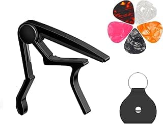 Guitar Capo, Capo for Acoustic Guitar 6 String and 12 String, Guitar Capo with Pick Holder and 5 Picks, Metal Capo for Ukulele, Mandolin, Banjo, and other String Instruments (Black)
