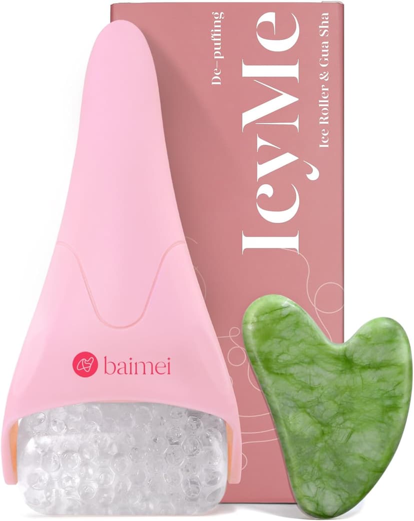 BAIMEI IcyMe Ice Roller for Face and Gua Sha Facial Tool Set, Ice Face Roller Reduces Puffiness Relieves Migraines Skin Care Tools, Self Care Gift for Women - Pink
