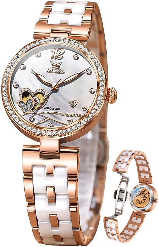 OLEVS Womens Watches Automatic Luxury Dress Ladies Watch Ceramic Strap Rose Gold Self Winding Female Wrist Watch