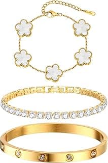 MPRAINBOW Womens Stackable Floral Gold Bracelets - 3Pcs 18K Gold Plated Bracelet,Stainless Steel Bangle Bracelets Non Tarnish, Gold Bracelet Set Trendy Jewelry,Christmas Valentines Birthday Gifts for Girlfriend