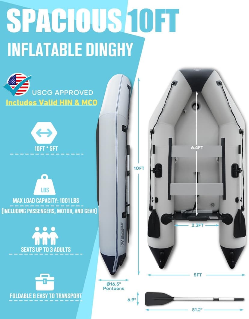 Inflatable Dinghy Boat with Drop-Stitch Floor 10ft Portable Inflatable Boat for 3-4 Adults, Motor Compatible, Heavy-Duty PVC, Ideal for Fishing, Cruising, and Rescue Use