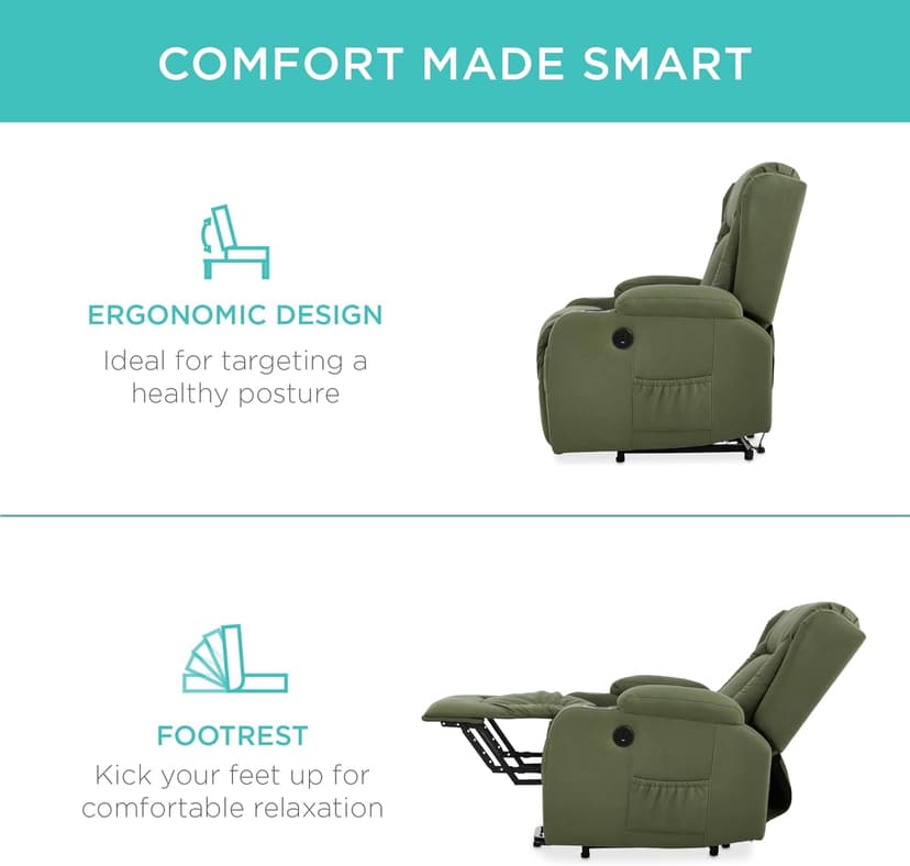 Best Choice Products PU Leather Electric Power Lift Chair, Recliner Massage Chair, Adjustable Furniture for Back, Legs w/ 3 Positions, USB Port, Heat, Cupholders, Easy-to-Reach Side Button - Olive