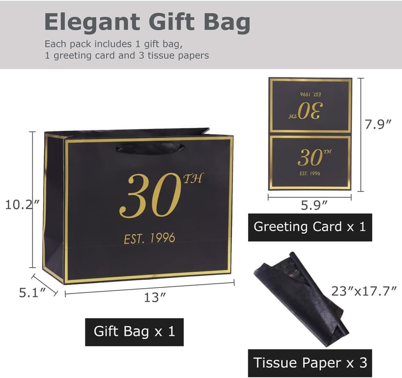 30th Birthday Gift Bag with Card and Tissue Paper for Men Women Him, 1996 30 Year Old 13" Elegant Black Gold Anniversary Keepsake Party Present Shopping Paper Bags for Gifts Wrapping (1996 30th) B0DLX3WCH7
