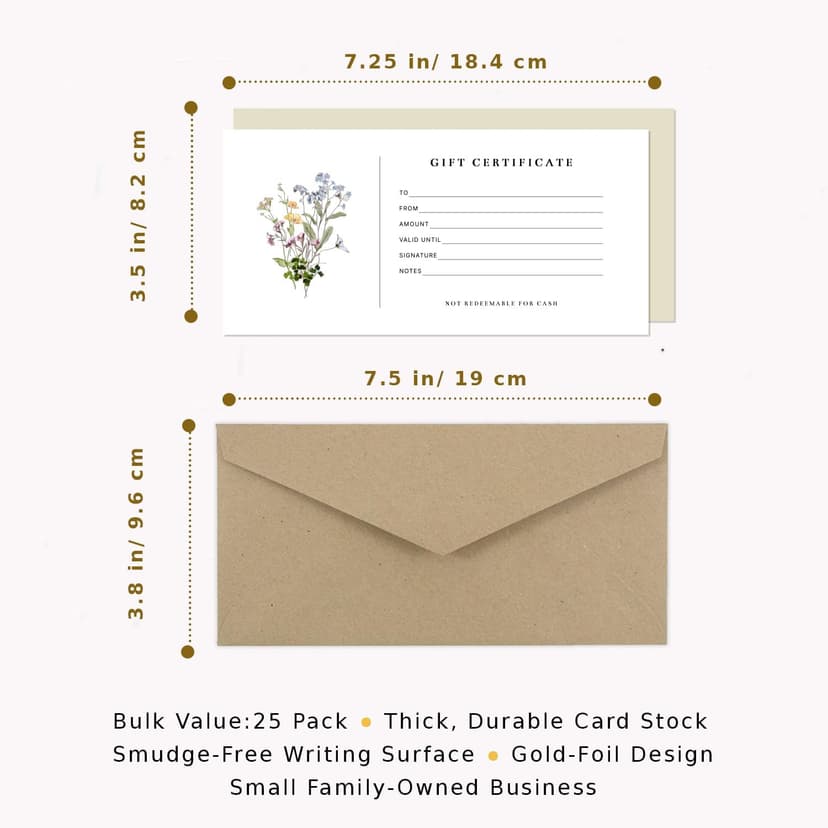 Blank Gift Certificates with Envelopes, 3.5" x 7.25" Blank Gift Certificates for Business, Salon, Spa, Birthday, Mother’s Day or Holiday Gifting, 25 Custom Cards (Floral)