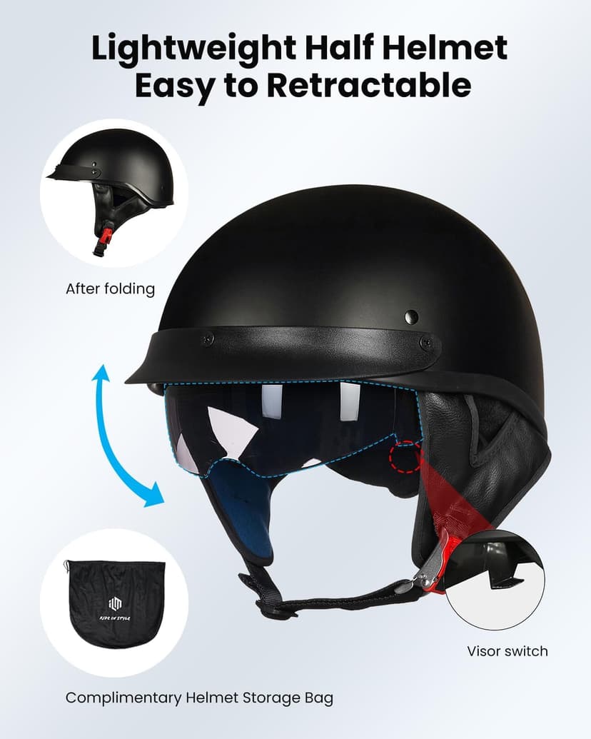 ILM Half Helmet Motorcycle Open Face Sun Visor Quick Release Buckle DOT Approved Cycling Motocross Suits Men Women Model-205V (S, Matt Black)
