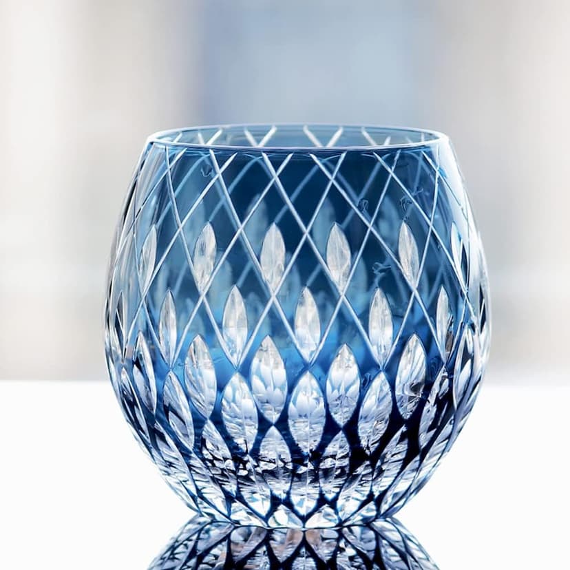 JINZHI Japanese Style EDO Kiriko Whiskey Glasses 11OZ Unique Shape Colored Hand Carved Glass Tumbler for Bourbon Lovers - Style Glassware for Rum - Rocks glasses in Gift Box (Blue)