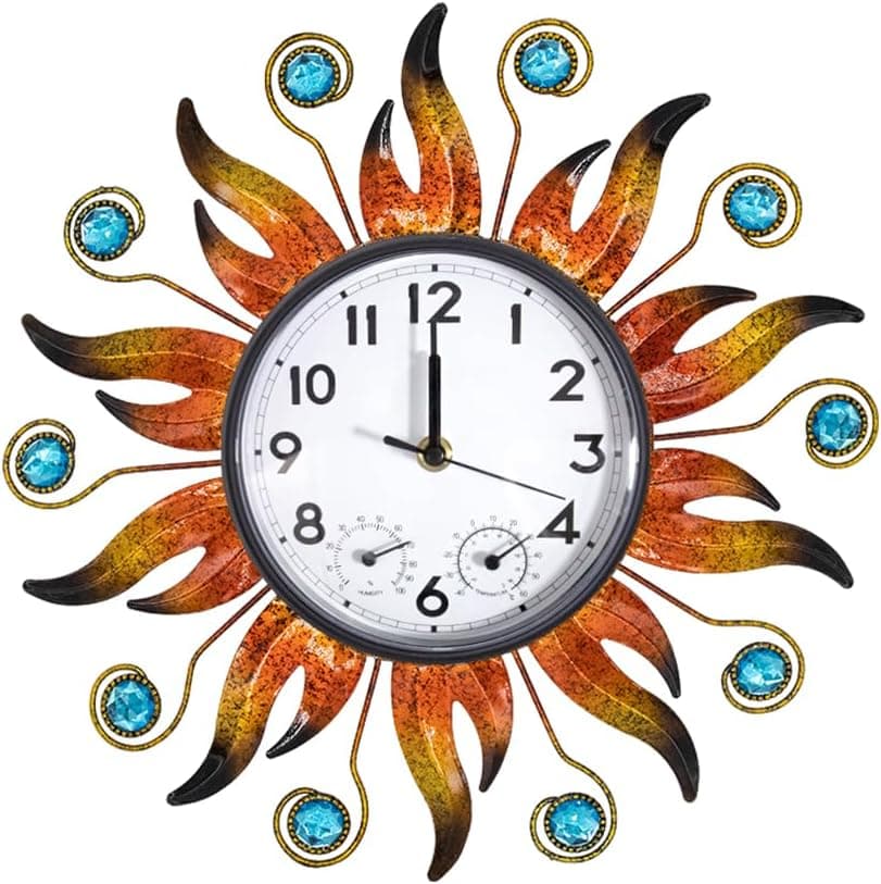 HOBYLUBY Sun Outdoor Clock with Thermometer and Hygrometer Combo, Silent No-Ticking Outdoor Wall Clock, Waterproof Quartz Clock for Patio, Living Room, Kitchen, Garden, 13 Inch