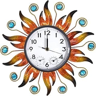 HOBYLUBY Sun Outdoor Clock with Thermometer and Hygrometer Combo, Silent No-Ticking Outdoor Wall Clock, Waterproof Quartz Clock for Patio, Living Room, Kitchen, Garden, 13 Inch