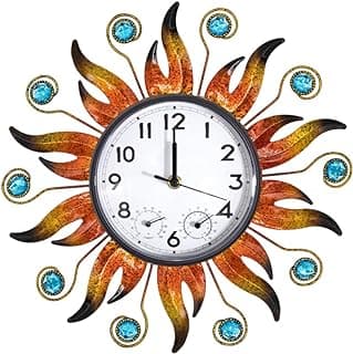 HOBYLUBY Sun Outdoor Clock with Thermometer and Hygrometer Combo, Silent No-Ticking Outdoor Wall Clock, Waterproof Quartz Clock for Patio, Living Room, Kitchen, Garden, 13 Inch