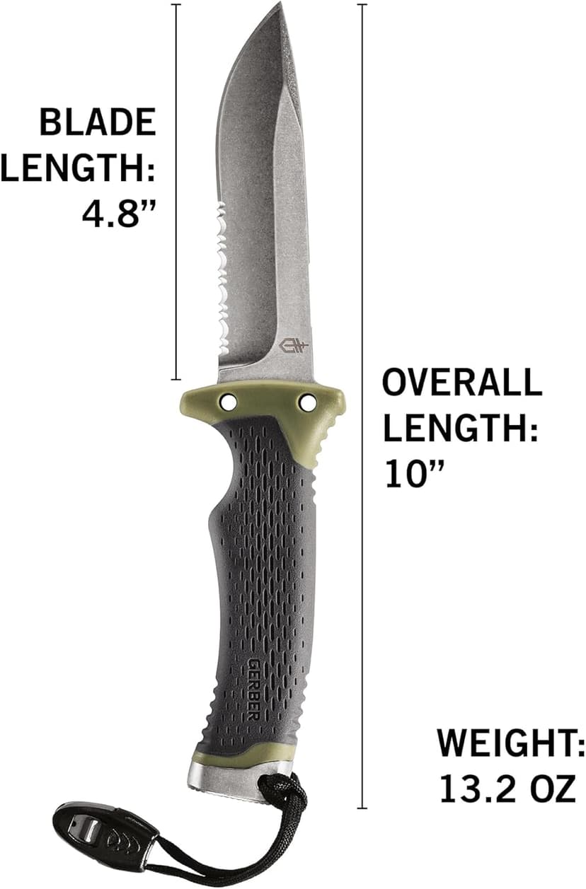 Gerber Gear Ultimate Survival Knife, Fixed Blade Knife with Combo Edge, includes Fire Starter Edge and Ferro Rod, Whistle, Sheath with Integrated Sharpener - Bushcraft, Hunting and Camping Tool