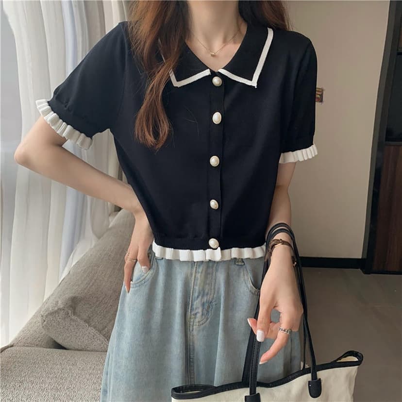 LREUIP Chic Korean Style Academy Style, Contrasting Navy Collar, Versatile Bubble Sleeve Shirt, Loose top, Elegant Goddess