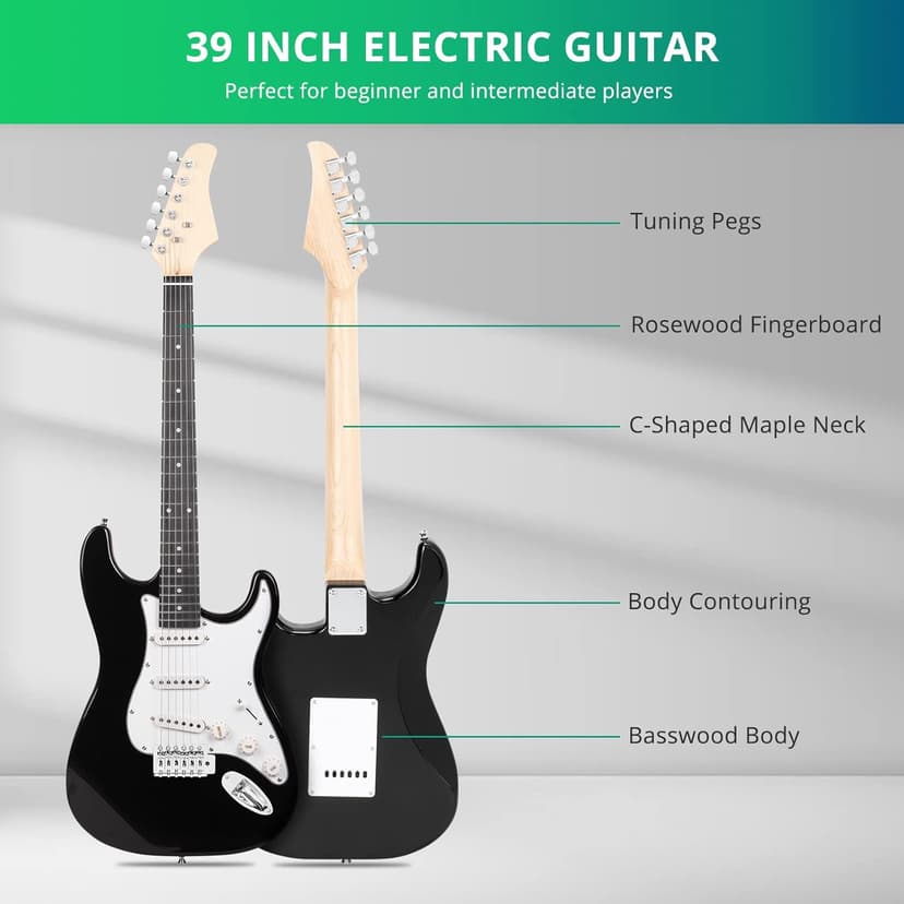Ktaxon 39 Inch Electric Guitar, Full-Size Beginner Solid Body Electric Guitar Kit with Gig Bag, Strap, Tremolo Bar, Cable & Picks (Black)
