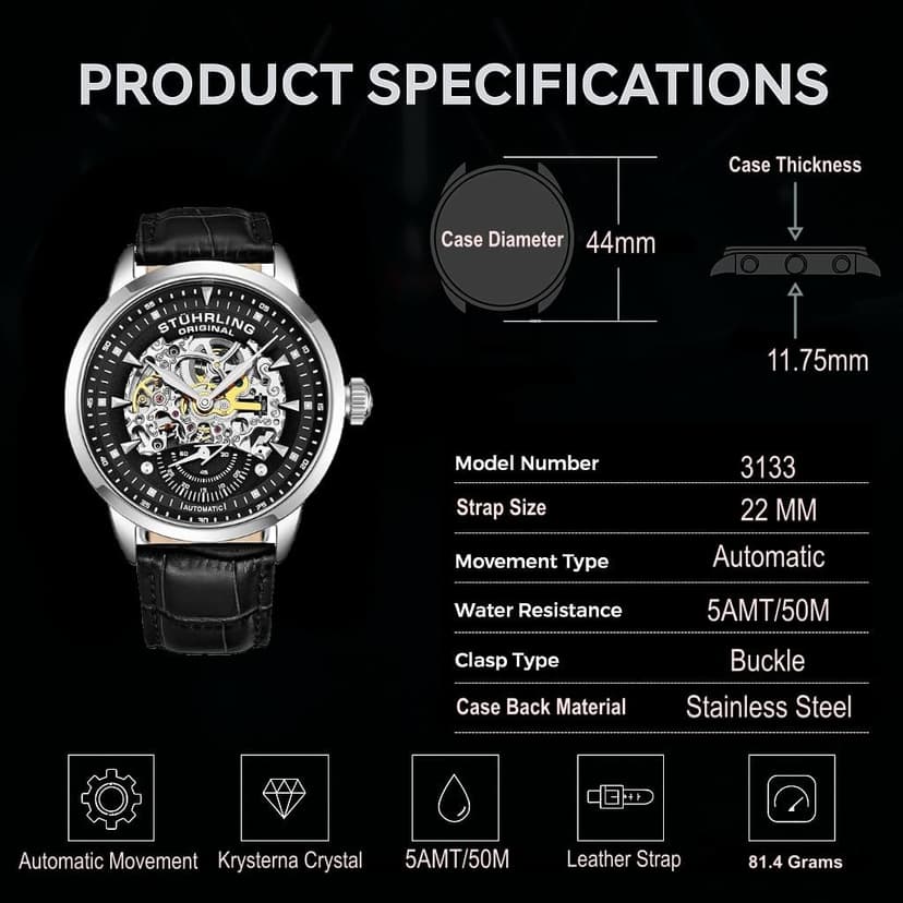 Stuhrling Original Mens Automatic Skeleton Watch - Black Leather Strap, Mechanical Silver Executive Watch