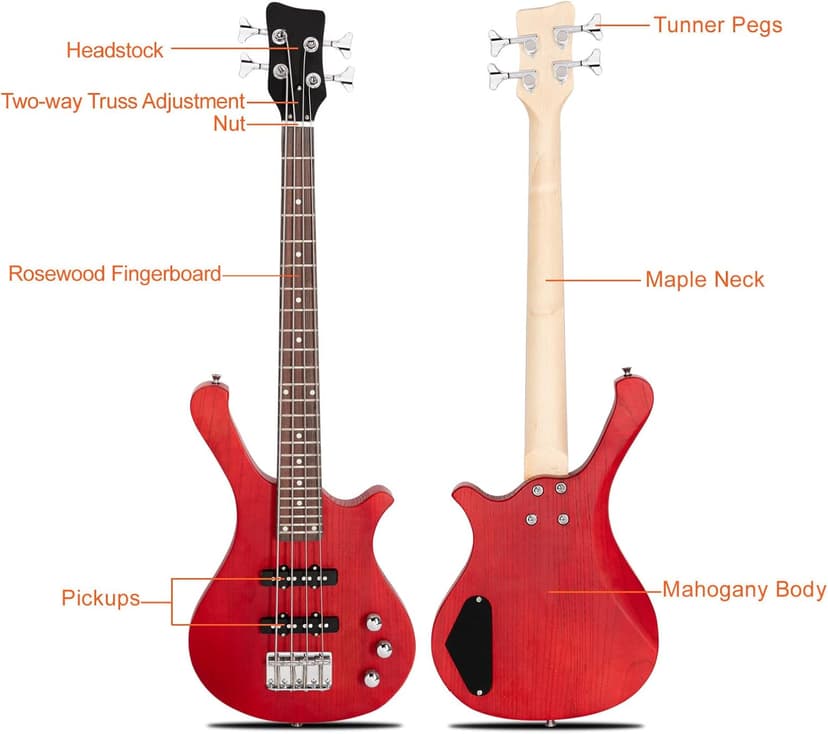 Ktaxon 4 String Electric Bass Guitar, 36-inch Bass Guitar Kit with Split single-coil Pickup, Rosewood Fretboard, Mahogany Body for Kids, Boy and Girl(Red)