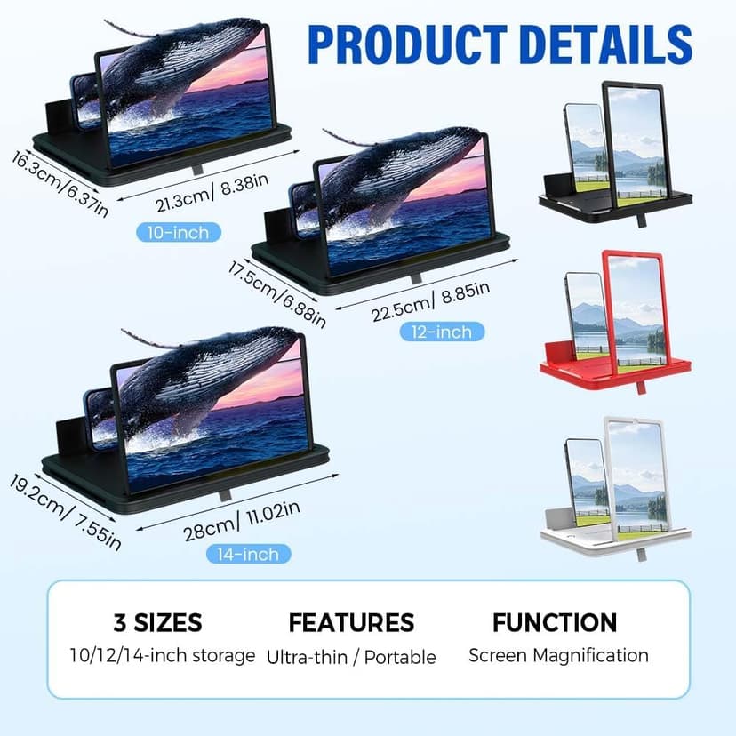 Mobile Phone Magnifier Screen, 2026 New 3D HD Magnifying Projector Screen Enlarger for Movies, Videos and Gaming, Portable 3D Magnifying Screen for Elderly (Black, 10 Inch)