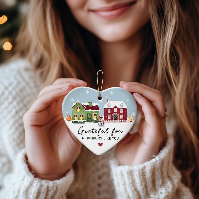 Neighbor Gifts Christmas Ornaments 2025 - Birthday Gifts for Neighbors, Friends, Women, Men, The Neighbors Favor, Christmas Tree Decorations Heart-Shaped Ceramic Ornament