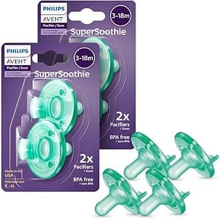 Philips Avent Soothie Orthodontic Baby Pacifiers, 100% Silicone Pacifiers, One Piece, BPA-Free, for Babies 3-18 Months, Green, 4 Pack, Model SCF192/45