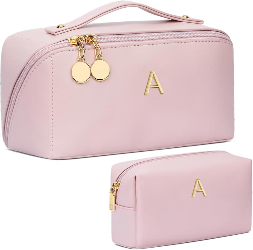 Waterproof PU Leather, Open Flat Design Cosmetic Bag, Multiple Compartments Travel Toiletry Bag (Pink, A) Initial Makeup Bag Personalized Gift for Women Teen Girls B0F26C313Y
