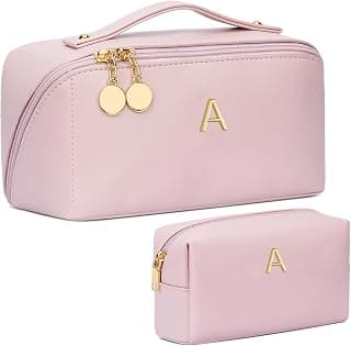 Waterproof PU Leather, Open Flat Design Cosmetic Bag, Multiple Compartments Travel Toiletry Bag (Pink, A) Initial Makeup Bag Personalized Gift for Women Teen Girls B0F26C313Y