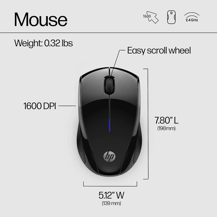 HP X3000 G3 Wireless Mouse - Black, 15-Month Battery, Side Grips for Control, Travel-Friendly, Blue LED, Powerful 1600 DPI Optical Sensor, Compatible with Wins PC/Laptop, Mac, Chromebook (683N7AA)