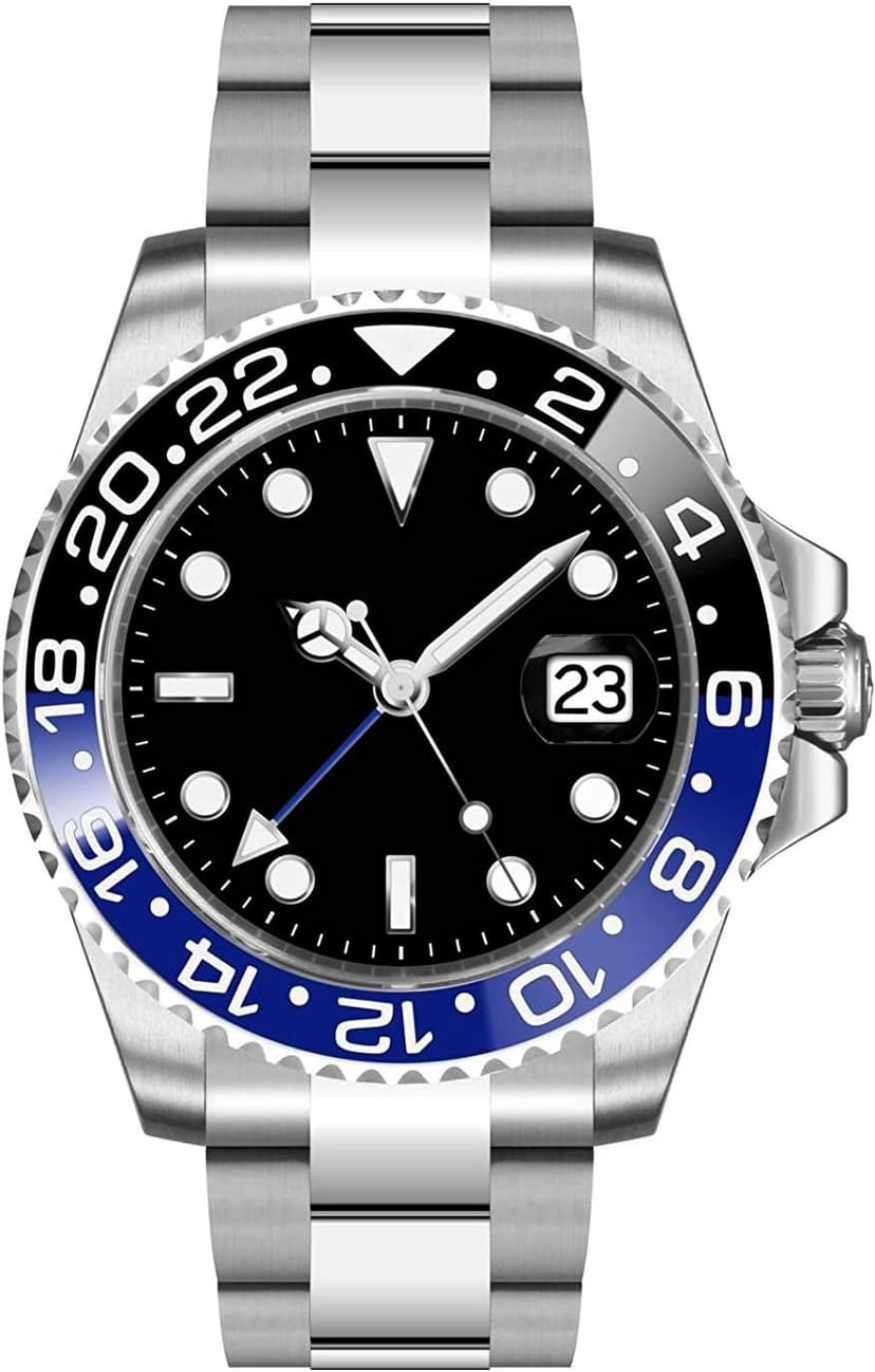 FANMIS GMT Master Sapphire Glass Blue and Black Ceramic Bezel Men's Silver Automatic Watch