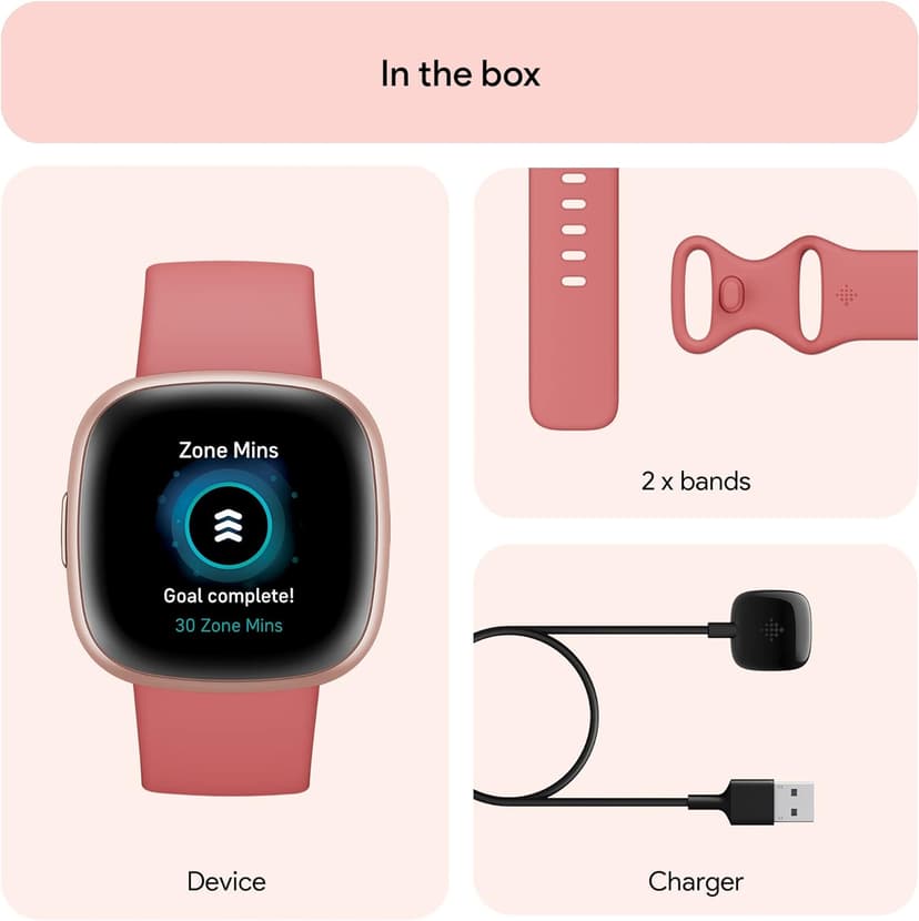 Fitbit Versa 4 Fitness Smartwatch with Daily Readiness, GPS, 24/7 Heart Rate, 40+ Exercise Modes, Sleep Tracking and more, Pink Sand/Copper Rose, One Size (S & L Bands Included)