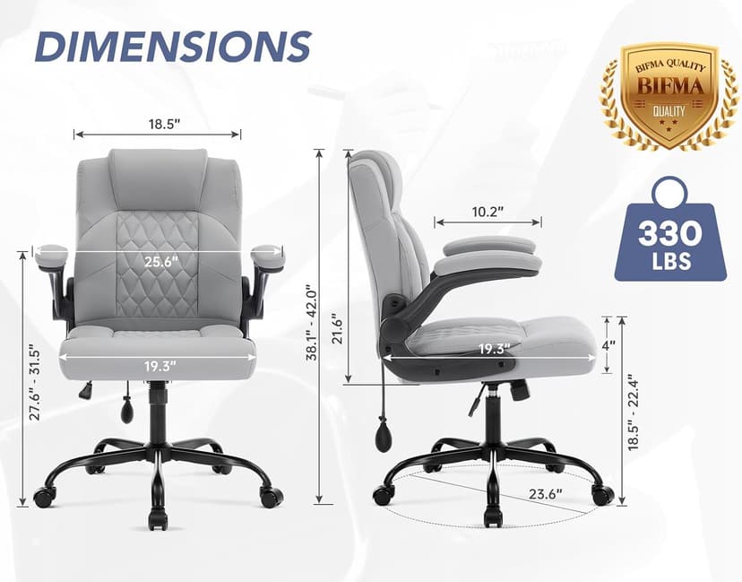 Office Chair with Adjustable Inflatable Lumbar Support,Leather Ergonomic Computer Desk Chair with Flip-up Arms,Adjustable Tilt Lock,Swivel Rolling Executive PC Chair for Work,Study,Meeting.Grey