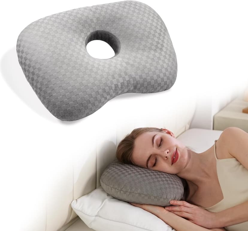 Swaycy Ear Piercing Pillow with an Hole for CNH and Ear Pain Inflammation Pressure Sores for Side Sleepers, Cotton and Polyester Side Sleeper Pillow, Washable and Adjustable Ear Guard Pillow, Gray