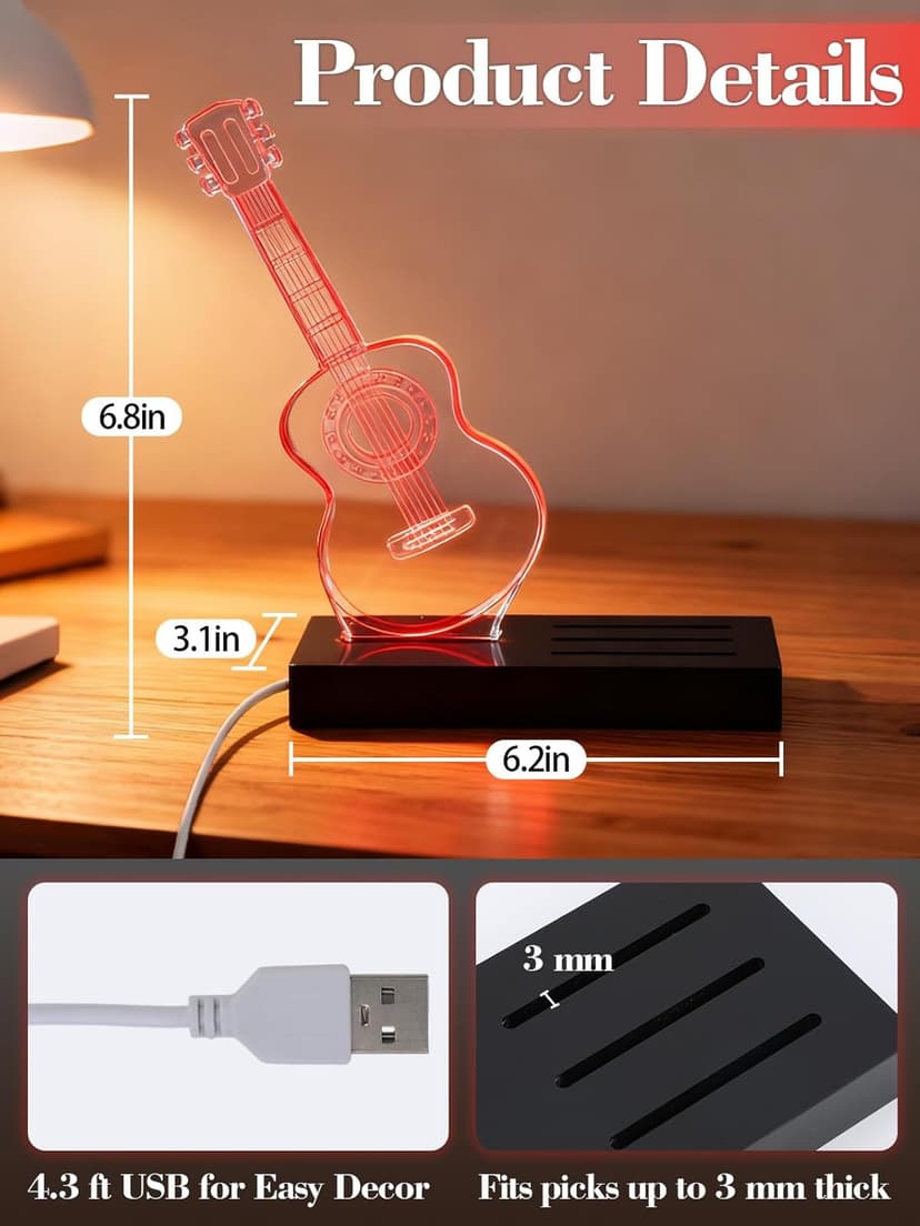 Apipi Light Up Guitar Picks Holder Gifts for Players - 7 Color Changing Acrylic Guitar Night Light with USB-Powered Base