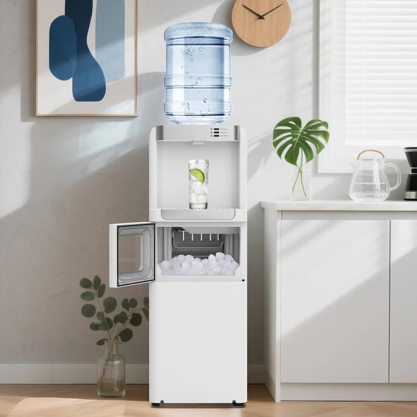 4 in 1 Water Cooler Dispenser with Ice Maker, Hot & Cold Water Dispenser for Home & Office, 33lbs/24H Bullet Ice, Top Loading 3-5 Gallon, Child Safety Lock, Ice Ready in 7 Mins (White)
