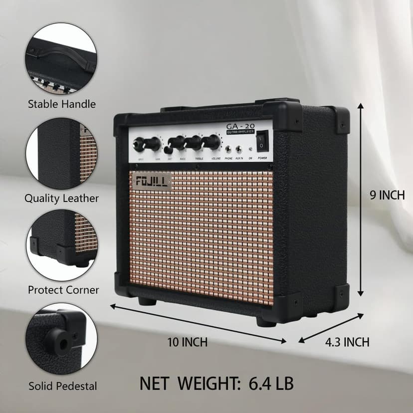 Fojill 20W Watt Electric Guitar Amplifier Amp Practice Small Portable Travel Mini Amp with 3.5 Headphone Jack Aux Distortion Gain Treble Bass Volume (Black, 20W)