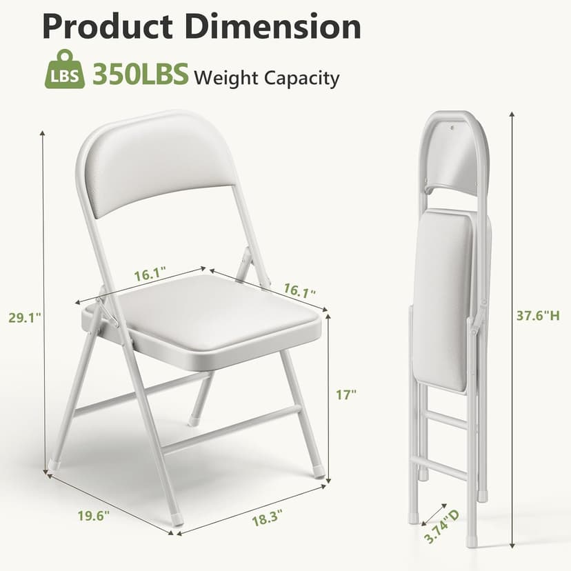 Folding Dining Chairs Set of 2 - Modern PU Leather Folding Chairs with Cushion Seat & Back Metal Legs Kitchen Chairs Folding Chair Set for Kitchen/Living Room/Bedroom/Parties (White)